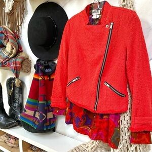 Trendy Christmas perfect RED moto style tweed boho jacket w raw edge